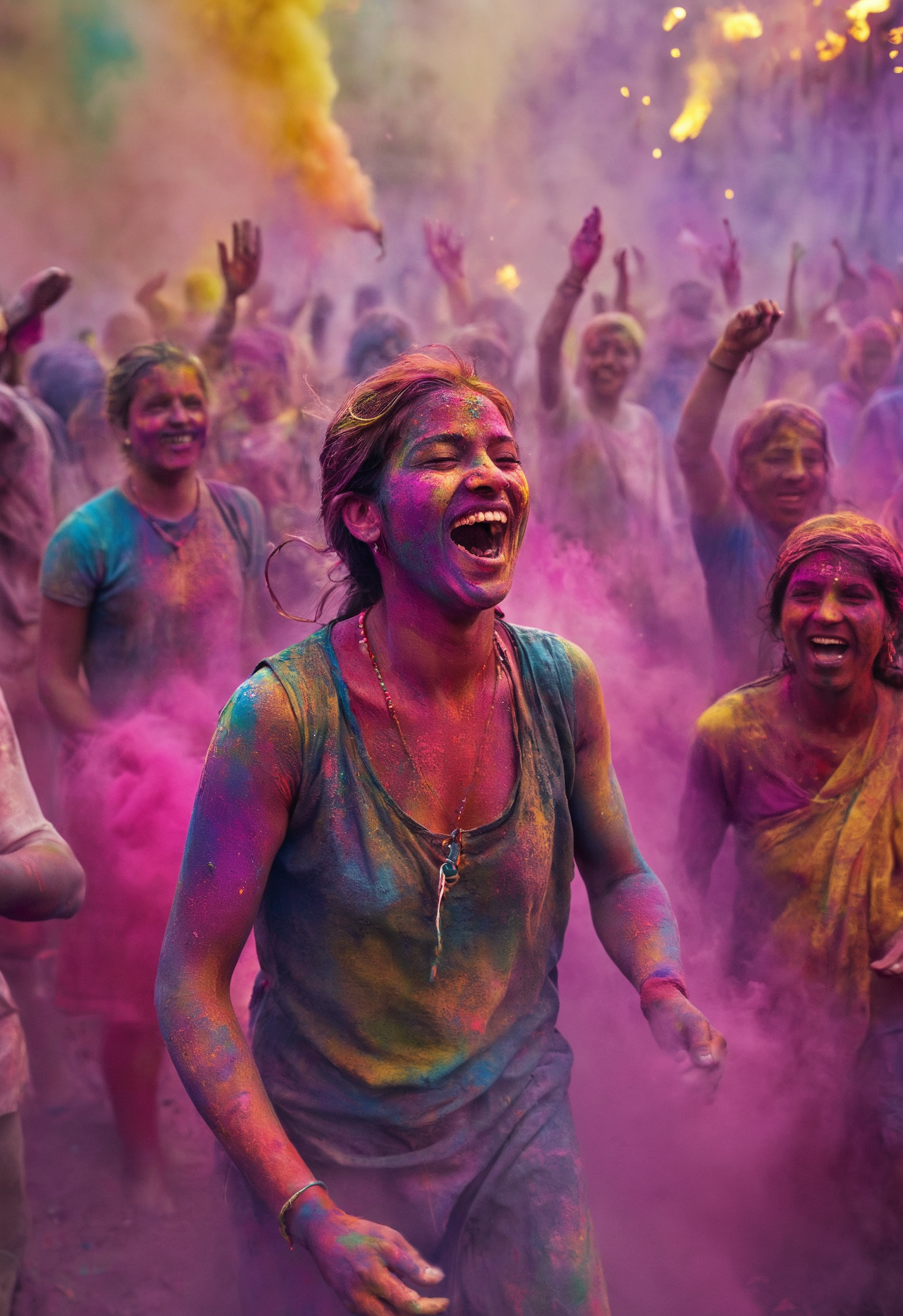 Photography in (stvmccrr style), mid closeup of people celebrating the holi festival, emotive humane photography, rich vibrant colors, joy is captured in it's abundant fullness, flying colored powder everywhere, an explosion of colored powder, analog film, film grain, kodachrome, intricate details, insanely detailed, natural lighting, 8k, hdr, masterpiece, award winning photography