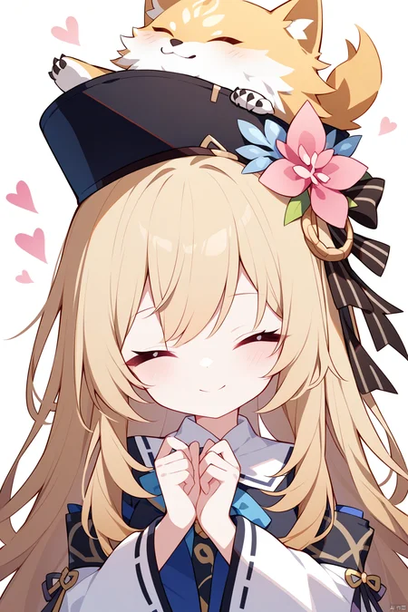 1girl, Best quality, genshin, ((quan (kurisu tina))),(portrait),upper body,close-up,year 2023, happy, long sleeves, ribbon trim, blush, hat, wolf, closed mouth, smile, closed eyes, blonde hair, long hair, upper body, swept bangs, wide sleeves, heart, parted bangs, simple background, ribbon-trimmed sleeves,

masterpiece, newest, absurdres, safe