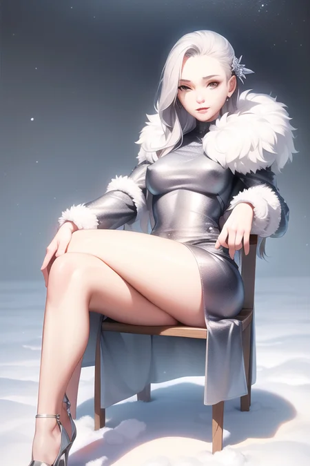 woman sitting sitcrossleg <lora:sitcrossleg2_rvkwi:1>, silver dress, in the snow