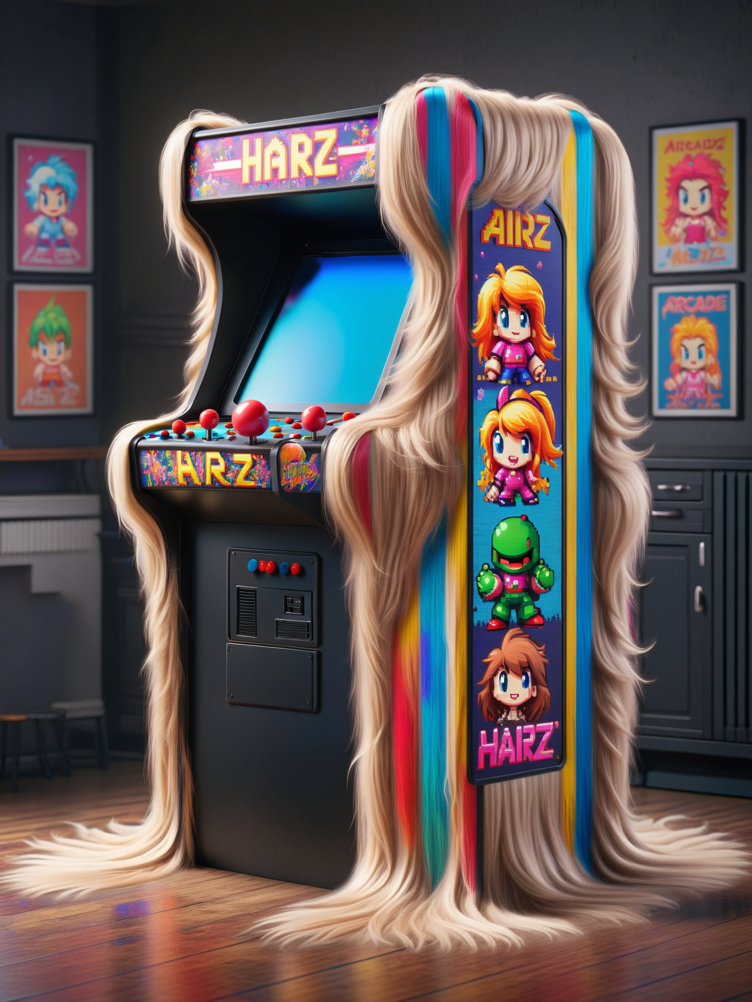 A retro arcade cabinet with vibrant, pixelated ais-hairz characters, ready to transport you back in time <lora:Hairy_Style_SDXL:1>