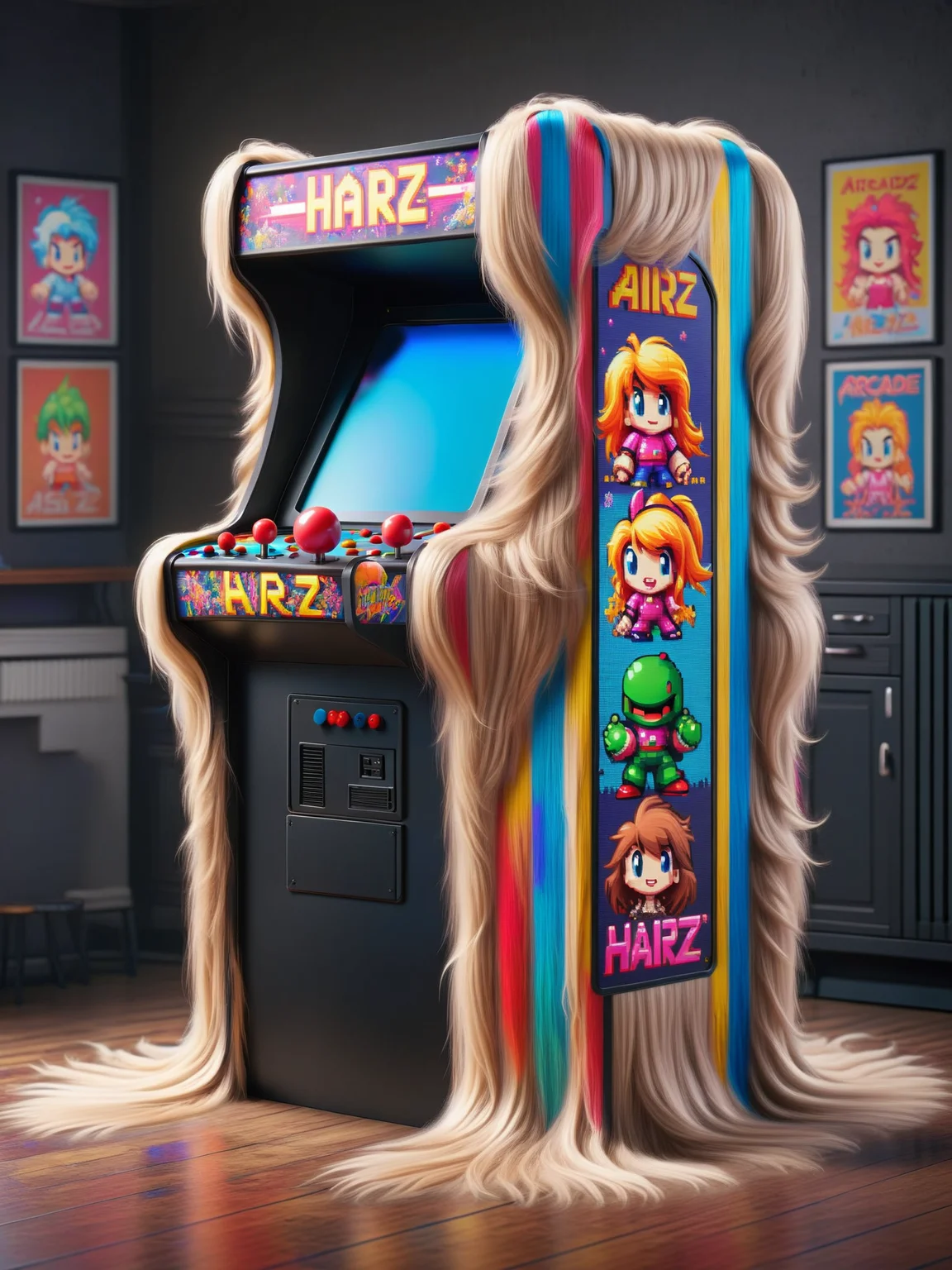 A retro arcade cabinet with vibrant, pixelated ais-hairz characters, ready to transport you back in time <lora:Hairy_Style_SDXL:1>