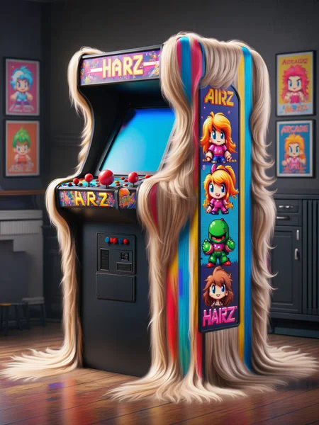 A retro arcade cabinet with vibrant, pixelated ais-hairz characters, ready to transport you back in time <lora:Hairy_Style_SDXL:1>