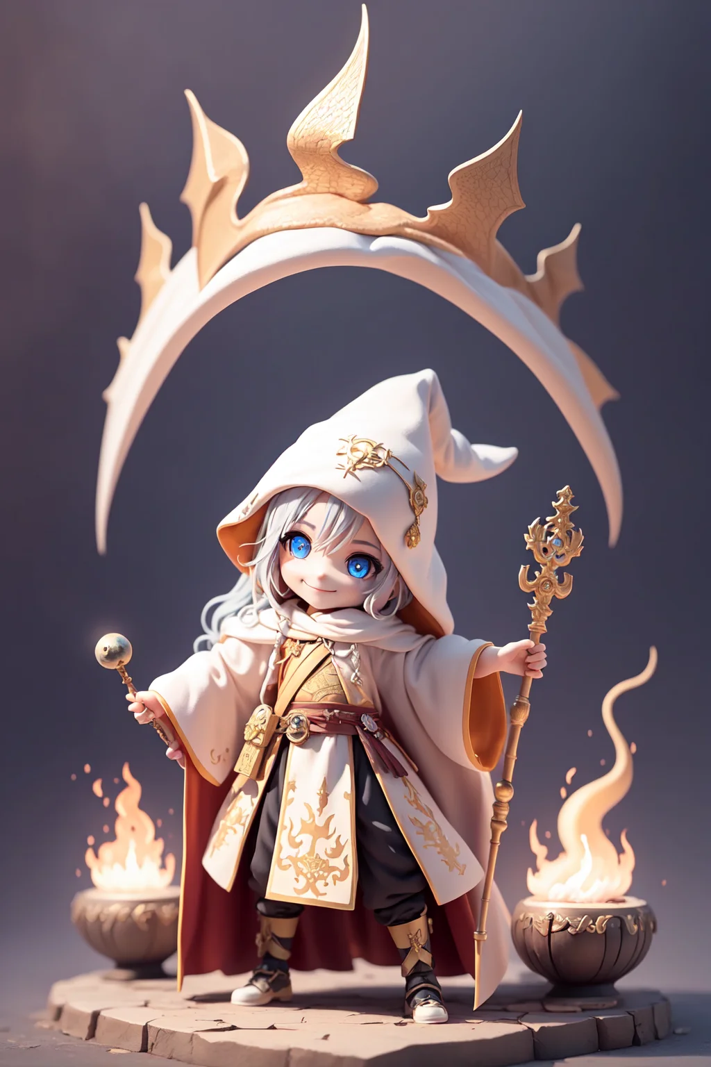 (masterpiece),(best quality),(ultra-detailed), (full body:1.2), 1boy,chibi, smile,(beautiful detailed face), (beautiful detailed eyes), (Simple and clean style_1.5),
grimoire, wizard hat, holding staff, royal robe, summon fire dragon, middle ages town,
<lora:blindbox_V1Mix:1> ,