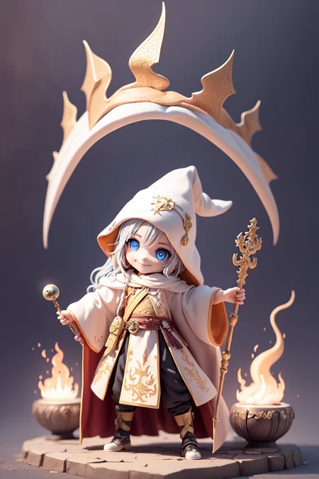 (masterpiece),(best quality),(ultra-detailed), (full body:1.2), 1boy,chibi, smile,(beautiful detailed face), (beautiful detailed eyes), (Simple and clean style_1.5),
grimoire, wizard hat, holding staff, royal robe, summon fire dragon, middle ages town,
<lora:blindbox_V1Mix:1> ,