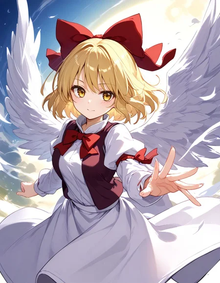 score_9, score_8_up, score_7_up,  <lora:sdxl_lightning_8step_lora:1> BREAK
source_anime, best quality, masterpiece, rating_safe <lora:Copics_v2:0.3:lbw=1,1,1,0,0,0,1,1,1,1,1,1> BREAK ,
1girl, solo,
<lora:genge2_nrm_pony:1> genge2N,gengetsu \(touhou\),
bow, red bow,hair bow, blonde hair, yellow eyes, wings,white wings,
puffy sleeves, bowtie, red bowtie,shirt, white shirt, juliet sleeves, vest,  long sleeves,white skirt,
,wind, floating hair