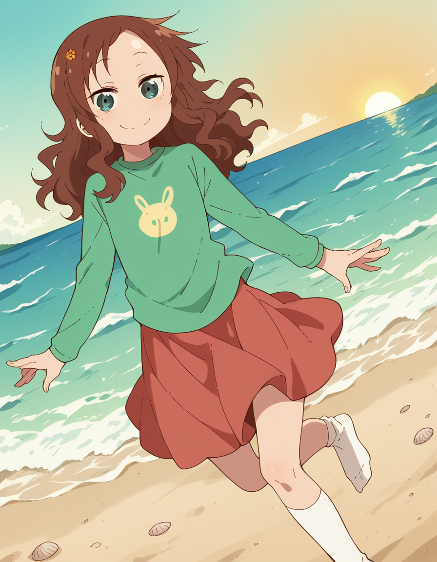 score_9, score_8_up, score_7_up, source_anime, <lora:riko-saikawa-s2-ponyxl-lora-nochekaiser:1>, riko saikawa, long hair, brown hair, green eyes, hair flower, hair ornament, flower,, skirt, shirt, long sleeves, red skirt, white socks, green shirt,, beach, sunset, walking along shore, footprints in sand, waves, peaceful, smile, looking at viewer, smile, solo,, dutch angle,