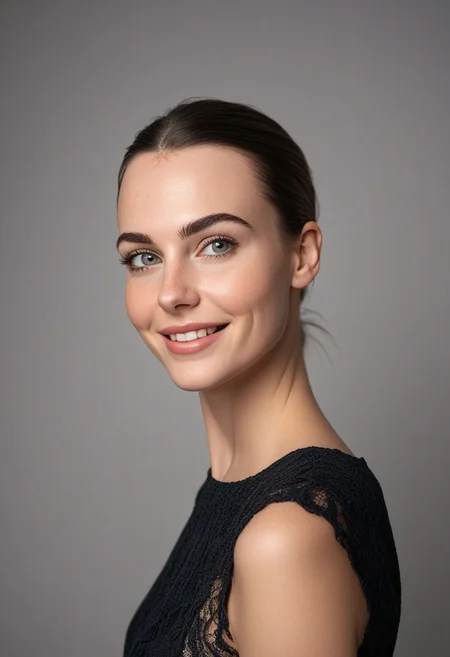 30yo american woman in a photostudio
Modeling High cut, high Quality Dress.
Slight makeup, heavy rimmel. Clear skin.  realistic skin style
Long dark black slick back hair. 
Shooting light, indors, cable light
Studio background.
Winking left eye. Smiling.
Bokeh. Heavy Bokeh light.