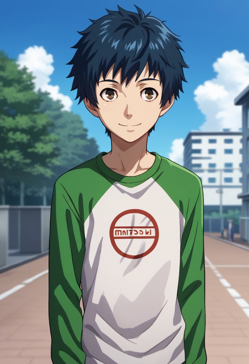 score_9, score_7_up, source_anime, 
mishima, 1boy, male focus, solo, brown eyes, blue hair, short hair, multicolored shirt, multicolred clothes, shirt, green shirt, white shirt, raglan sleeves,  smile, 
outdoor, sky