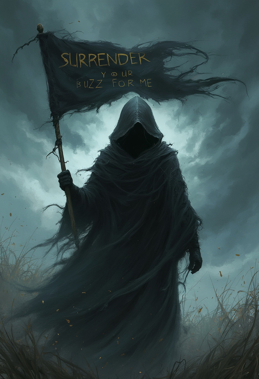 A gothic character design featuring a mysterious hooded figure holding a black flag with a text "SURRENDER YOUR BUZZ TO ME", draped in torn, flowing robes, standing before a stormy sky. The figure is silhouetted against a background of dark, ominous clouds with streaks of light breaking through. The overall mood is one of power and mystery, with a sense of an impending storm.
sharp detail, intricate detail,