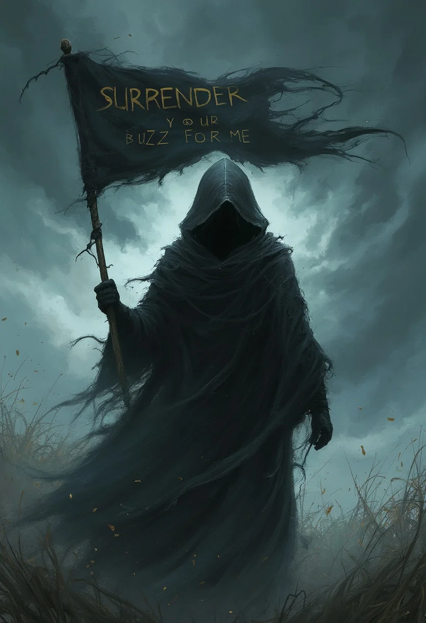 A gothic character design featuring a mysterious hooded figure holding a black flag with a text "SURRENDER YOUR BUZZ TO ME", draped in torn, flowing robes, standing before a stormy sky. The figure is silhouetted against a background of dark, ominous clouds with streaks of light breaking through. The overall mood is one of power and mystery, with a sense of an impending storm.
sharp detail, intricate detail,