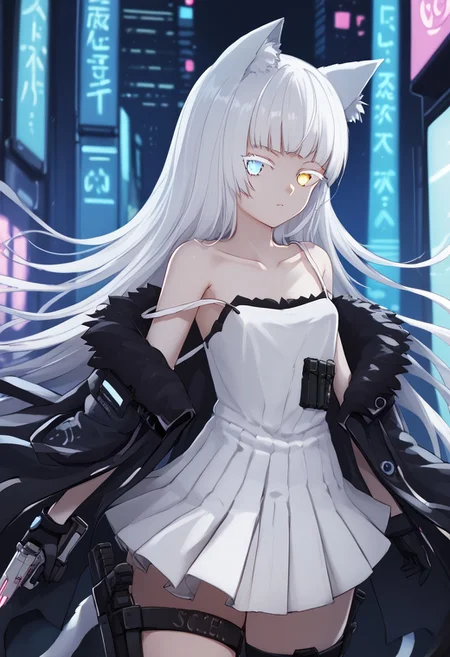 1girl, solo, highres, Nekoya_AWP, colored eyelashes, blue eyes, very long hair, bangs, white hair, heterochromia, yellow eyes, cat ears, animal ear fluff, strap slip, cat tail, white dress, bare shoulders, pleated dress, collarbone, black gloves, gloves, jacket, fur-trimmed jacket, off shoulder, black jacket, cyberpunk, science fiction, neon light, looking at viewer, cowboy shot, close-up, handgun, sig sauer, knife