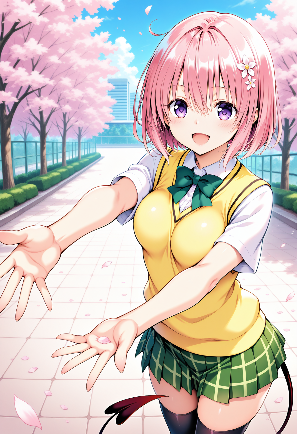 1girl, aamomo, short hair, pink hair, hair flower, purple eyes, medium breasts, demon tail, school uniform, green bowtie, white shirt, sweater vest, yellow vest, short sleeves, plaid skirt, green skirt, black thighhighs, <lora:momo_velia_deviluke_ilxl_v1:0.9>, standing, cowboy shot, outdoors, smile, open mouth, reaching, petals, 
masterpiece, best quality, amazing quality,