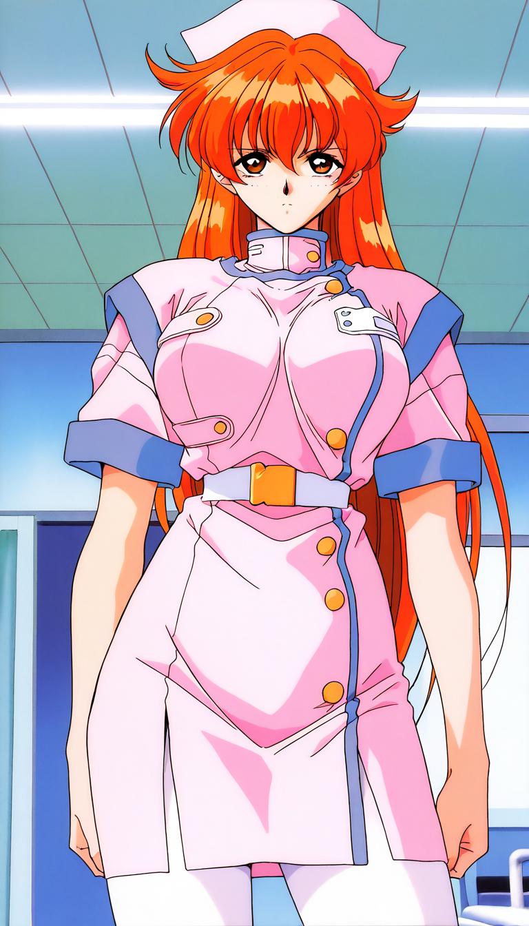 masterpiece, best quality, good quality, <lora:Nogiwa_Miho_OVA_IS:1>
Nogiwa_Miho_OVA, long hair, orange hair, bangs, brown eyes, large breasts, 1990s (style) 1girl, solo, nurse, hat, pantyhose, nurse cap, serious, hospital room, looking at viewer, white pantyhose, belt, short sleeves,
