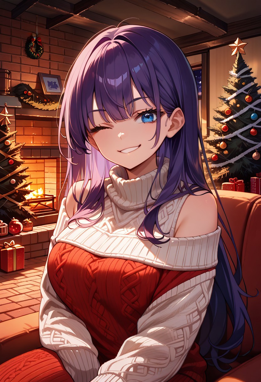 score_9, score_8_up, score_7_up, source_anime, head and shoulders portrait, 1girl, long violet hair, red and white knit sweater, knit sweater, long hair, wink, blue eyes, smug, smirk, chrlib, indoors, living room, night, brick oven, christmas tree, christmas ornaments,