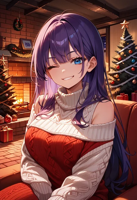 score_9, score_8_up, score_7_up, source_anime, head and shoulders portrait, 1girl, long violet hair, red and white knit sweater, knit sweater, long hair, wink, blue eyes, smug, smirk, chrlib, indoors, living room, night, brick oven, christmas tree, christmas ornaments,