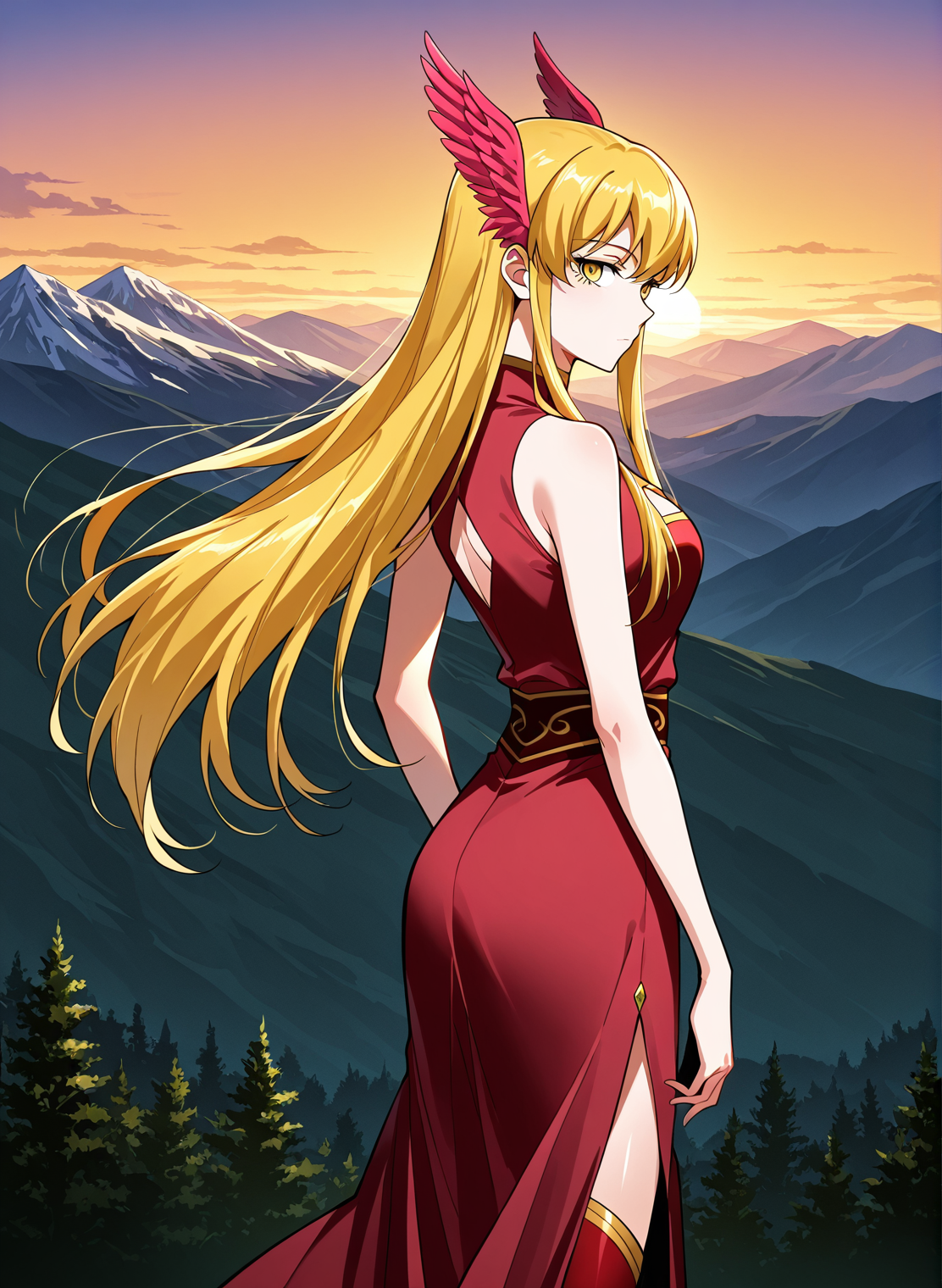 <lora:Chi_Ling__Illustrious:1>
1 girl, solo, yellow eyes, yellow hair, long hair, loose hair, sidelocks
long dress, red dress, cleavege, hair ornament, cleavage cutout, clothing cutout, head wings, bare shoulders, sleeveless, long red skirt, red boots
score_9, score_8_up, score_7_up, source anime, BREAK,  cowboy shot, (from side), looking back, looking at viewer, overlooking mountain, high altitude, scenery, exterior, background, (solo), perfect hands
