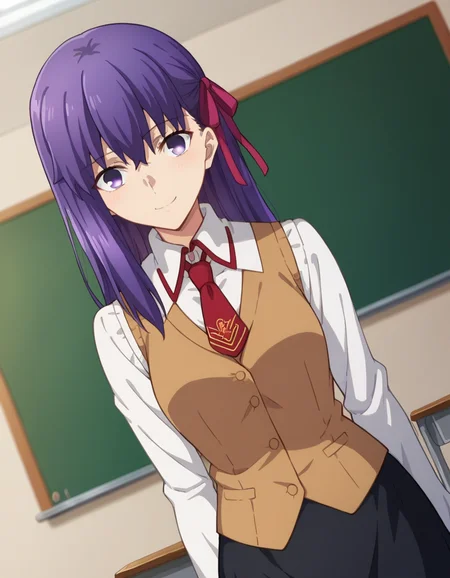 score_9, score_8_up, score_7_up, source_anime,
sakuramatou, <lora:sakura-matou-hf-ponyxl-lora-nochekaiser:1>,
sakura matou, long hair, purple eyes, purple hair, ribbon, hair ribbon, red ribbon, smile,
shirt, white shirt, collared shirt, long sleeves, neckertie, red neckertie, vest, light brown vest, skirt, black skirt,
indoors, classroom,
looking at viewer, dutch angle, cowboy shot,