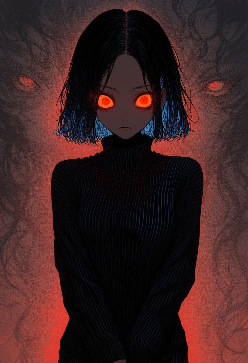 score_9, score_8_up, score_7_up, anime style, female character, shoulder-length black hair, wide eyes, blank expression, dark striped sweater, standing upright, slightly turned body, red and orange color palette, multiple large eyes in background, surreal art style, unsettling atmosphere, bold brush strokes, red glowing eyes, black shadows, large eyes watching, eerie mood, abstract background, character looking to the side, textured clothing, oversize sweater, illuminated face, stylized art, hand partially visible, no visible legs, frontal camera angle, mid-shot composition, unsettling contrast, dark blue highlights, chaotic background design, glowing reflections on eyes, mysterious tone, psychedelic elements, high saturation, minimalistic environment, dramatic lighting, feeling of being watched, isolated character, vivid colors, intense visual contrast, dreamlike scene.