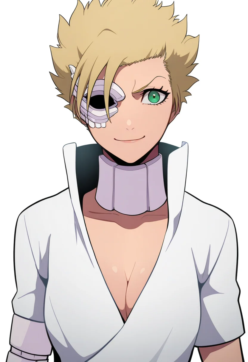 masterpiece, best quality, very aesthetic, absurdres,
1girl, menolymallia, eyepatch, green eyes, blonde hair, short hair, spiked hair,
bandages, cleavage, dress, small breasts,
smile, upper body, solo, looking at viewer, simple background, white background <lora:MenolyMalliaNoobXL_byKonan:1>