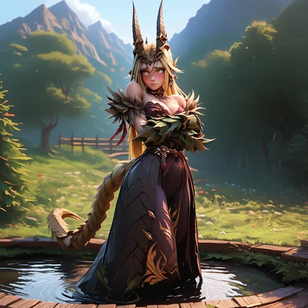 safe_pos, ((Score_9, score_8_up, score_7_up), masterpiece, perfect face, expressive yellow eyes,(youko),crossed arms,(muscular arms:1.2),(monster arms:1.3),(big claws),shy,embarrassed expression,(looking away),blush,lying in a pond, blonde hair, yellow eyes,(long tail),(slender figure),(tight clothes),fancy jewelry,feather circlet,choker,jeweled sash,backward long horns,forest and mountains scenery,pond
