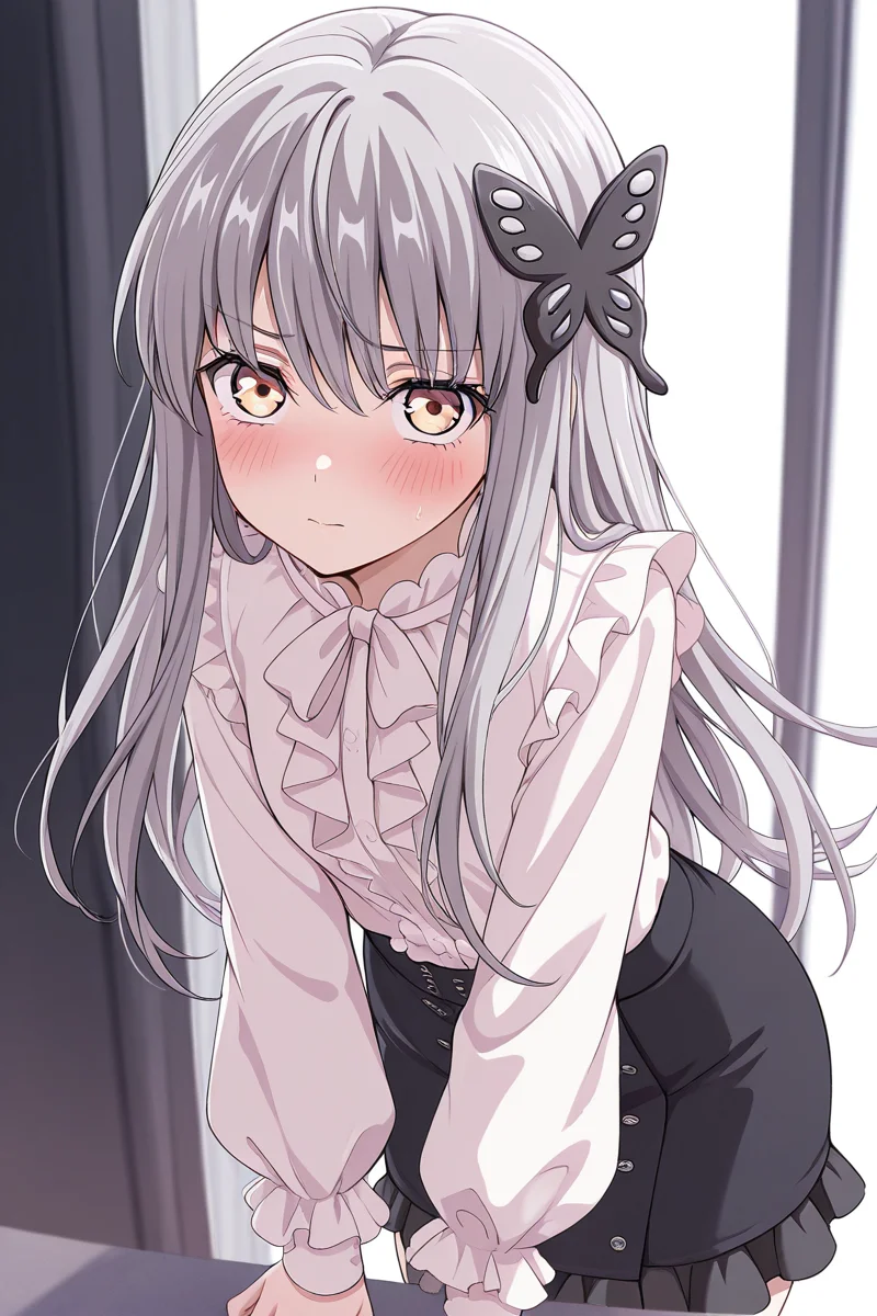 masterpiece, best quality, amazing quality,
<lora:Yukina_IL:1> yukina, 1girl, butterfly hair ornament, solo, long hair, hair ornament, looking at viewer, skirt, shirt, grey hair, black skirt, white shirt, bangs, frills, long sleeves, blush, casual