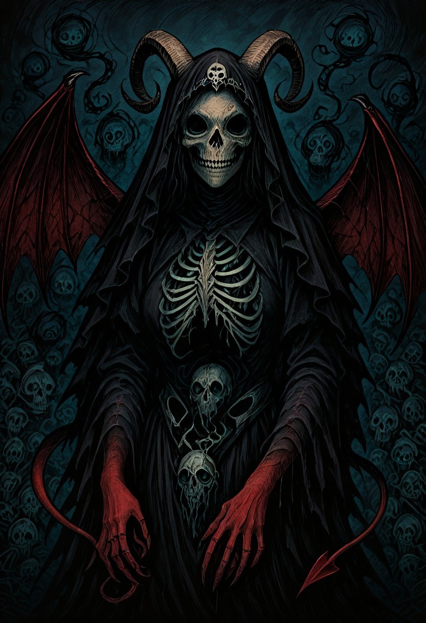 masterpiece, best quality, newest, absurdres, highres, NFCV1.0, 
1girl, red skin, red colored skin, demon girl, succubus, demon horns, horns, demon wings, demon tail, wings, horror (theme), monster girl, skull, skull mask, bones, skeleton, veil, veiled face, mask,