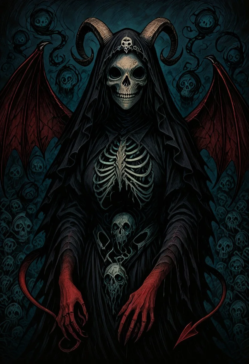 masterpiece, best quality, newest, absurdres, highres, NFCV1.0,
1girl, red skin, red colored skin, demon girl, succubus, demon horns, horns, demon wings, demon tail, wings, horror (theme), monster girl, skull, skull mask, bones, skeleton, veil, veiled face, mask,