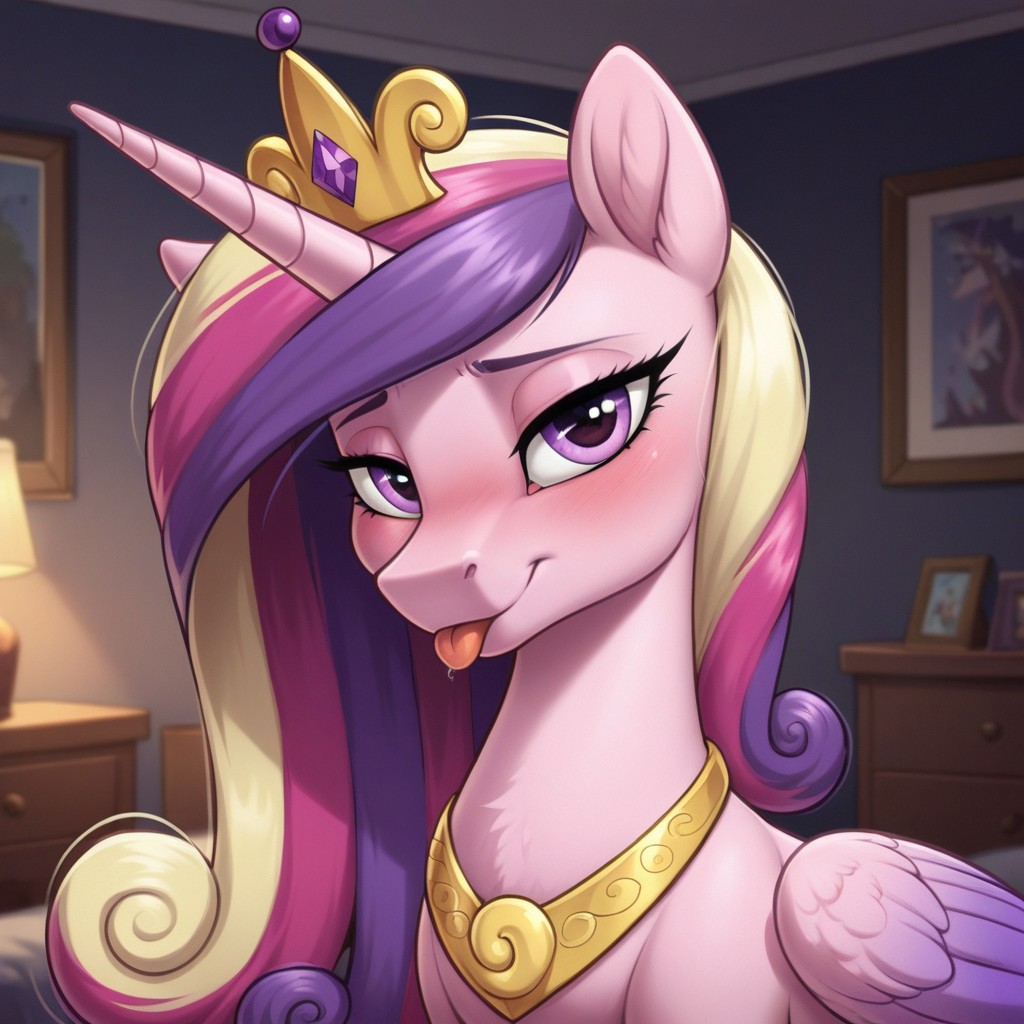 score_9, score_8_up, score_7_up, score_6_up, pony, alicorn, (feral), mare, solo, (princess cadence), no breasts, bedroom, indoors, (night), tail, photo_realistic, blushing female, face focus, silly face, looking at you, closed mouth, tongue out, face only, face focus, close-up, upper body