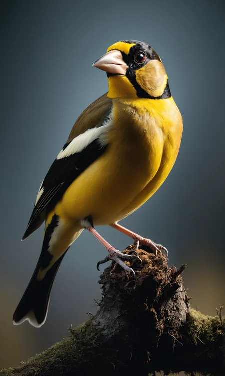 National Geography, Award winning pan shot of a Evening Grosbeak in the wild, full-body, atmospheric lighting. by pascal julio and nadine albuquerque, 2000s vintage RAW photo, photorealistic, film grain, candid camera, color graded cinematic, eye catchlights, atmospheric lighting, imperfections, natural, shallow dof, High level of detail to create a photographic-like image, focusing on lighting, realistic textures, hyperdetailed.