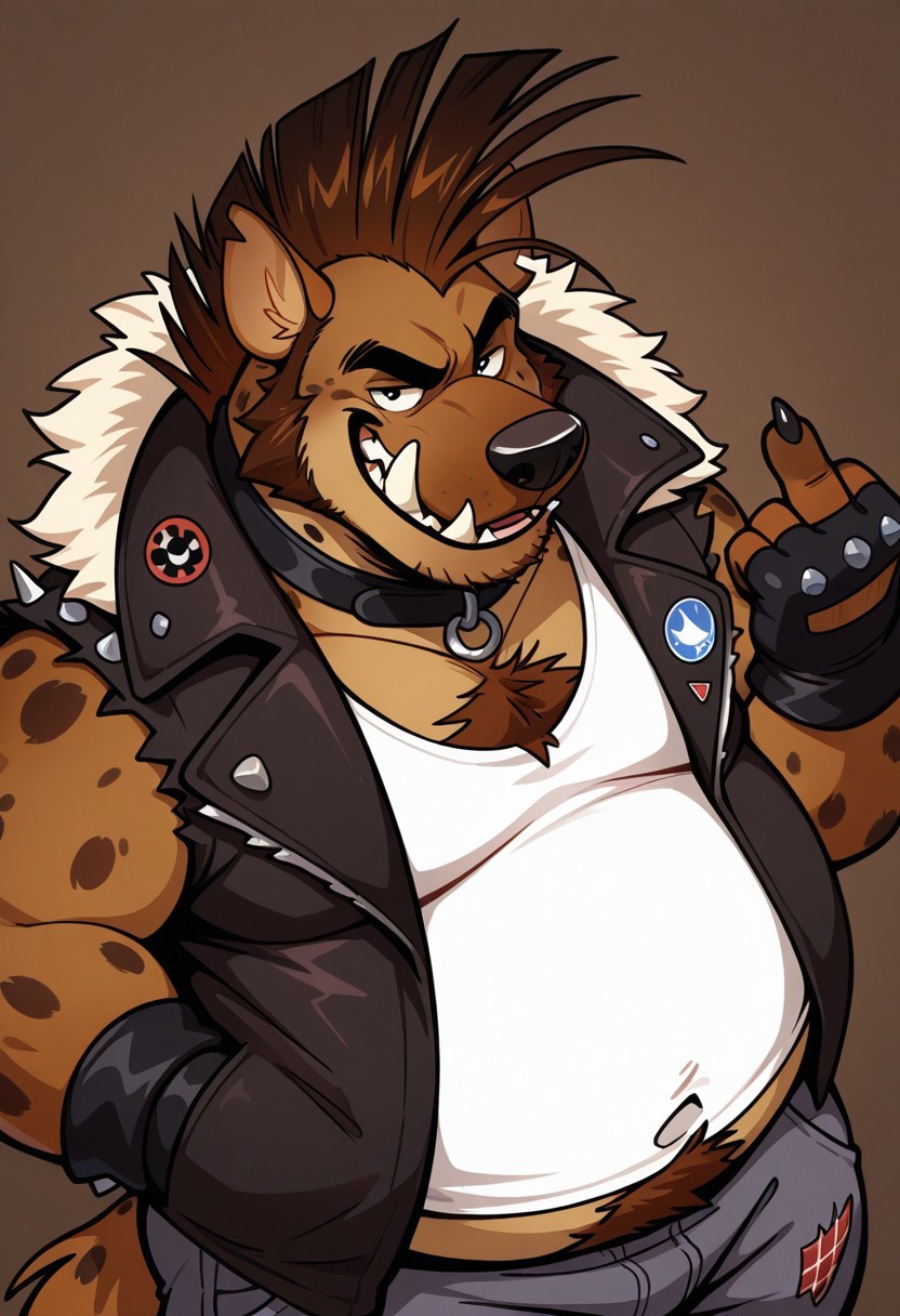 solo, 1boy, brown/dark brown background, abstracto background, male, anthro, hyena, black eyes, black claws, brown body/fur, spotted on body, short hyena tail, mohawk, short ears, brown hair crest, black nose, thick black eyebrows, fat, chubby, overweight, tusks, fangs, sideburns, brown hair crest, punk jacket, shoulder studs, blue patch, white tank top, dirty grey pants, fingerless gloves, spiked bracelets, O-ring collar,  BREAK looking at viewer, smug expression, middle finger, close-up, high view, dynamic angle, upper body, face focus, legs out frame, facing viewer, side view
