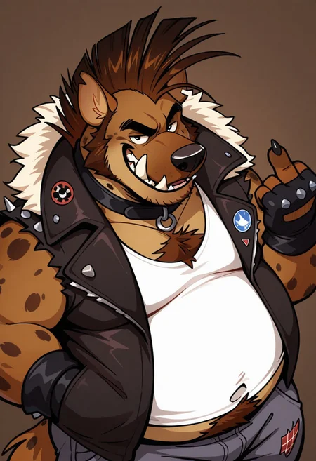 solo, 1boy, brown/dark brown background, abstracto background, male, anthro, hyena, black eyes, black claws, brown body/fur, spotted on body, short hyena tail, mohawk, short ears, brown hair crest, black nose, thick black eyebrows, fat, chubby, overweight, tusks, fangs, sideburns, brown hair crest, punk jacket, shoulder studs, blue patch, white tank top, dirty grey pants, fingerless gloves, spiked bracelets, O-ring collar,  BREAK looking at viewer, smug expression, middle finger, close-up, high view, dynamic angle, upper body, face focus, legs out frame, facing viewer, side view