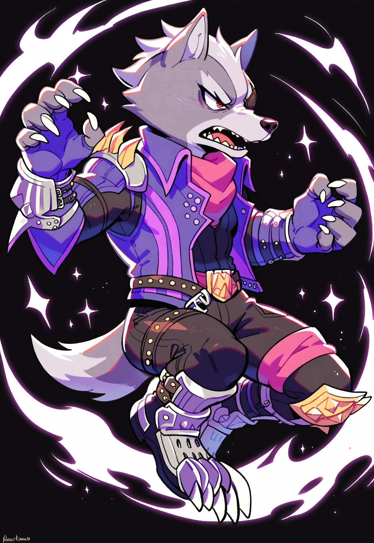 score_9, score_8_up, score_7_up, score_6_up, score_5_up, score_4_up, source_furry, hi res, black background, pink and purple flames in background, sparkles, dynamic angle, solo, jumping, in air, action pose, Wolf O'Donnell, Red Eye, Right Eyepatch, Pink Kerchief, Purple Sleeveless Jacket, Black Bodysuit, Purple Fingerless Gloves, Metal Boots, Gold Buckle, looking away, open mouth, anthro, male, muscular, arms sway, white claws