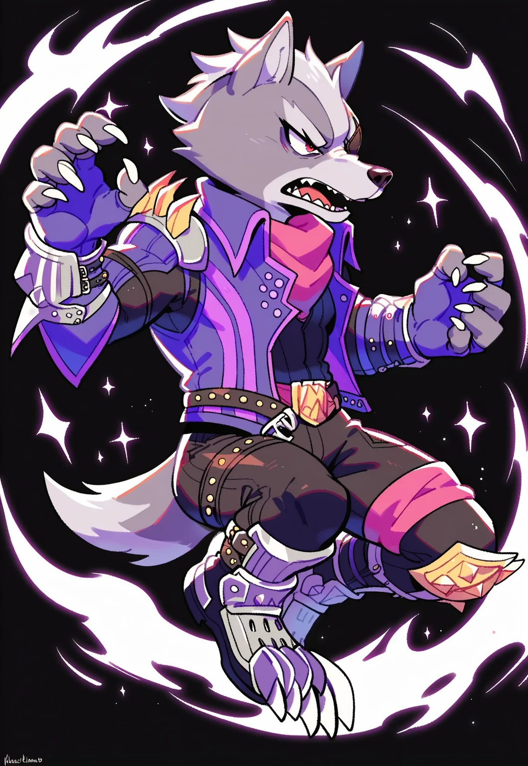 score_9, score_8_up, score_7_up, score_6_up, score_5_up, score_4_up, source_furry, hi res, black background, pink and purple flames in background, sparkles, dynamic angle, solo, jumping, in air, action pose, Wolf O'Donnell, Red Eye, Right Eyepatch, Pink Kerchief, Purple Sleeveless Jacket, Black Bodysuit, Purple Fingerless Gloves, Metal Boots, Gold Buckle, looking away, open mouth, anthro, male, muscular, arms sway, white claws