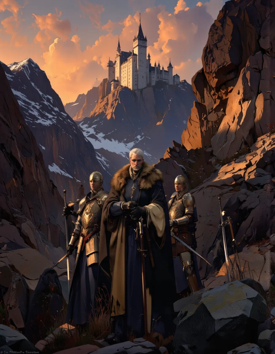 Art by Richard Anderson. A digital illustration shoot from a front camera angle about a dramatic landscape scene featuring a majestic castle perched atop a rocky mountain range at sunset, surrounded by rugged mountains. the image also shows a group of four men in armor standing in a line, each holding a sword, in the middle of the image. on the middle, a man with white hair and a serious expression appears to be standing confidently, wearing a long, flowing cloak with fur trim. he is facing the viewer, with his hands clasped in front of him. behind him, two of the men, who appear to be in his late teens or early twenties, are standing with their backs to the camera, looking at the viewer with serious expressions. the men are dressed in dark armor with detailed designs, and they are holding swords in their hands, ready for battle. in the background, a distant castle stands tall against the rocky mountains, with snow-capped peaks and a warm, orange glow illuminating the scene. the overall atmosphere is dramatic and dramatic, with a sense of grandeur and power.