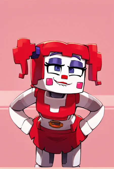 score_9, score_8_up, score_7_up, best quality, good quality ,, character focus, solo, , best quality, <lora:circbab-08:1> circbab, solo, robot, red hair, twintails, 1girl, open eyes, detailed background, smiling, hands on hips half closed eye, seductive look, half closed eyes, simple pink background, biting lip, leaning forward,  <lora:Drock_XL_REAL:1> dr0ckdraws7yl3