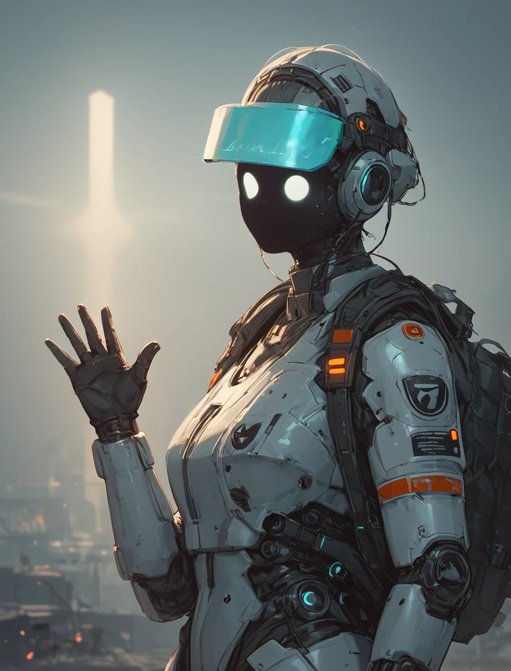 Pony zPDXLxxx-pos, score_9, score_8_up, 1girl, on an airfield, futuristic astronaut, bulky body armor, hkstyle, full power armor, CHONK, large backpack, (open visor:1.4), (visible face:1.4), waving, neon green accessories, professional illustration, extreme detail, angular brush, iridescent, <lora:HKStyle:0.8>, <lora:gr1slyXLP:1>