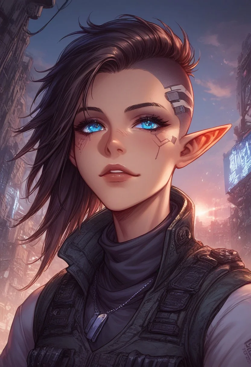 score_9, score_8_up, score_7_up, score_6_up, score_5_up, masterpiece, perfect face, perfect hands,perfect eyes, high quality, EyesHD, (close view:4,0),fasce focus,
side stance, dynamic pose, (1Big scar over one eye and down to cheek:2,0), evil look in the eyes,close up,
athletic build, 1dark elf girl, black brown skin color, side cut mohawk ,(long elf ears:3,0), short spiky hair, hair color striped white.hair down, breasts, (1sleeve Tattoo: 1,0) blue eyes,
cargo pants, white t-shirt, (( bullet proof vest)), sneakers,
knee pads, tactical glowes, utility belt, bandolier, bandana around throat, on neck small barcode tatto, metal plate on head, dog tags, (1 facial scar)
smirk, cheerful,
cybernetics only on head,
cyberpunk,
BREAK
urban sci-fi, light rays, windows, city ruins, city ruins, warzone, street, , (burning building:2,0),
ais-rmr,easynegative,