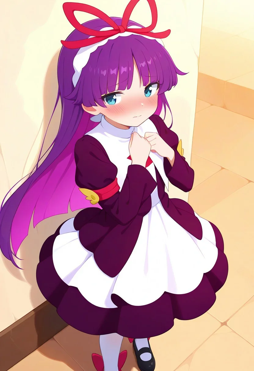 <lora:PFeli_SDXL_Illustrious01_fp16_ver01:1>,PFeli, 1girl, long hair,purple hair, pantyhose, dress,red ribbon, blue eyes, black footwear,long sleeves, red bow,hairband, blush, shy, masterpiece, best quality, very aesthetic, absurdres,<lora:detailed_hands:1>,hand