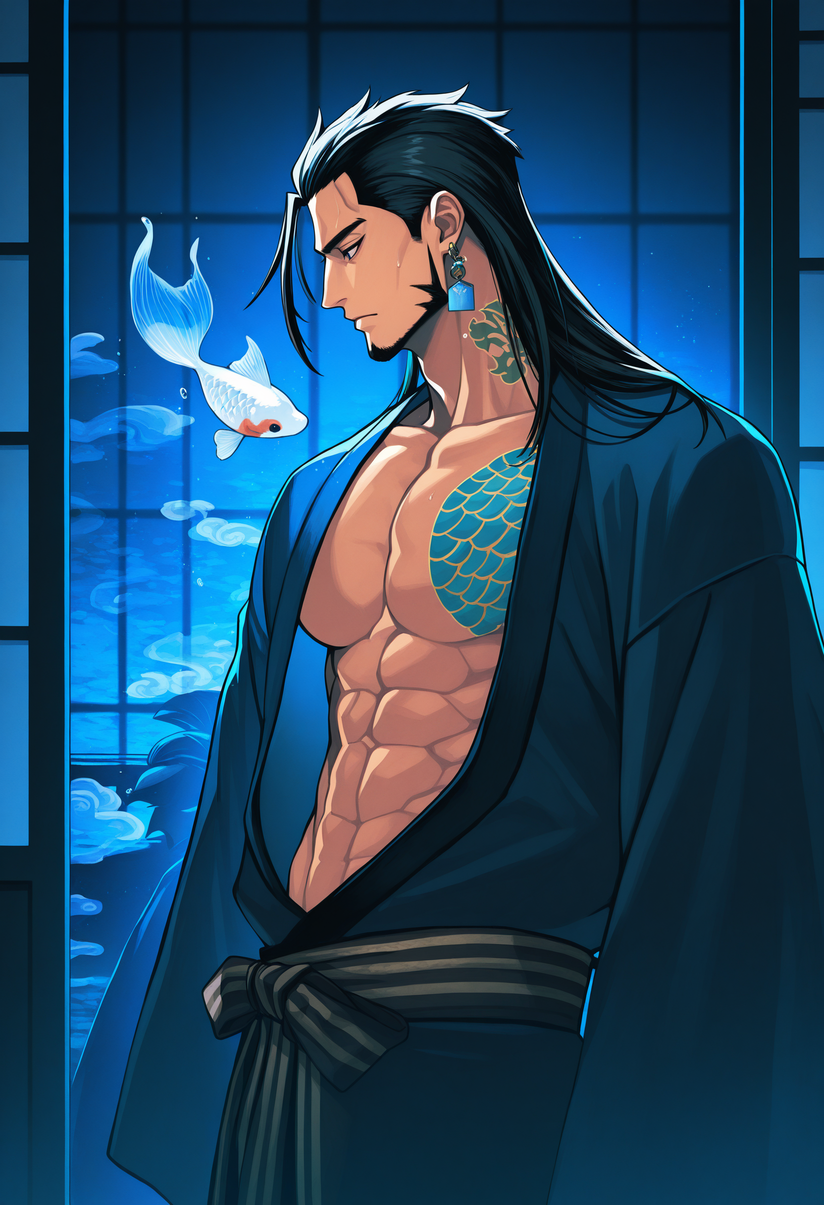 josuiji shinri, 1boy, solo, abs, facial hair, muscular male, tattoo, goldfish, long hair, black hair, earrings, mature male, black background, koi, open kimono, profile, yukata, from side, large pectorals, standing,
split theme, black theme, blue theme, indoors, washitsu, shouji, tatami, sliding doors,
masterpiece, best quality, very aesthetic, absurdres
<lora:holostars_allmems_illustrious_v1:1>
<lora:illustrious_noobai_epsilon_pred_1_masterpieces_v1:1>
