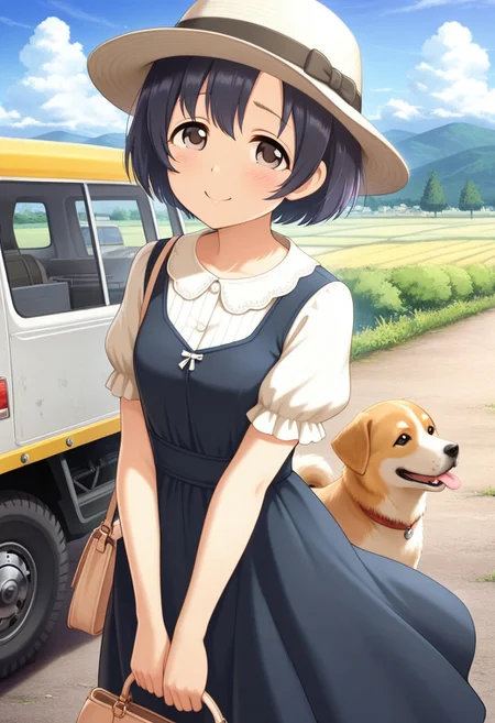 masterpiece,best quality,amazing quality, shiragiku hotaru, short hair, black hair, brown eyes, 1girl, hat, bag, dress, solo, smile, day, ground vehicle, dog, handbag, cloud