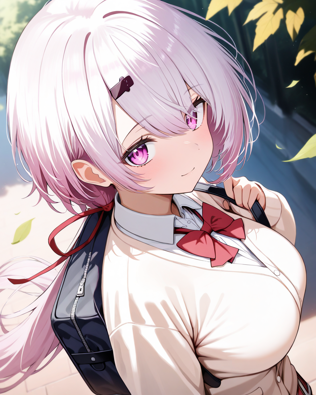 1girl,
ShiinaYuikaNijisanji,
safe, solo, upper body, dutch angle, from above,
low ponytail, hair ribbon, hair ornament,
beautiful eyes, looking at viewer,
light smile,
walking,
cardigan, red bowtie, long sleeves, collared shirt,
large breasts, school bag,
wind, outdoors, school,
depth of field,
<lora:kp_ShiinaYuikaNijisanji1stCostumeAnimagineXL_v1_1:1.0>,
masterpiece, high score, great score, absurdres