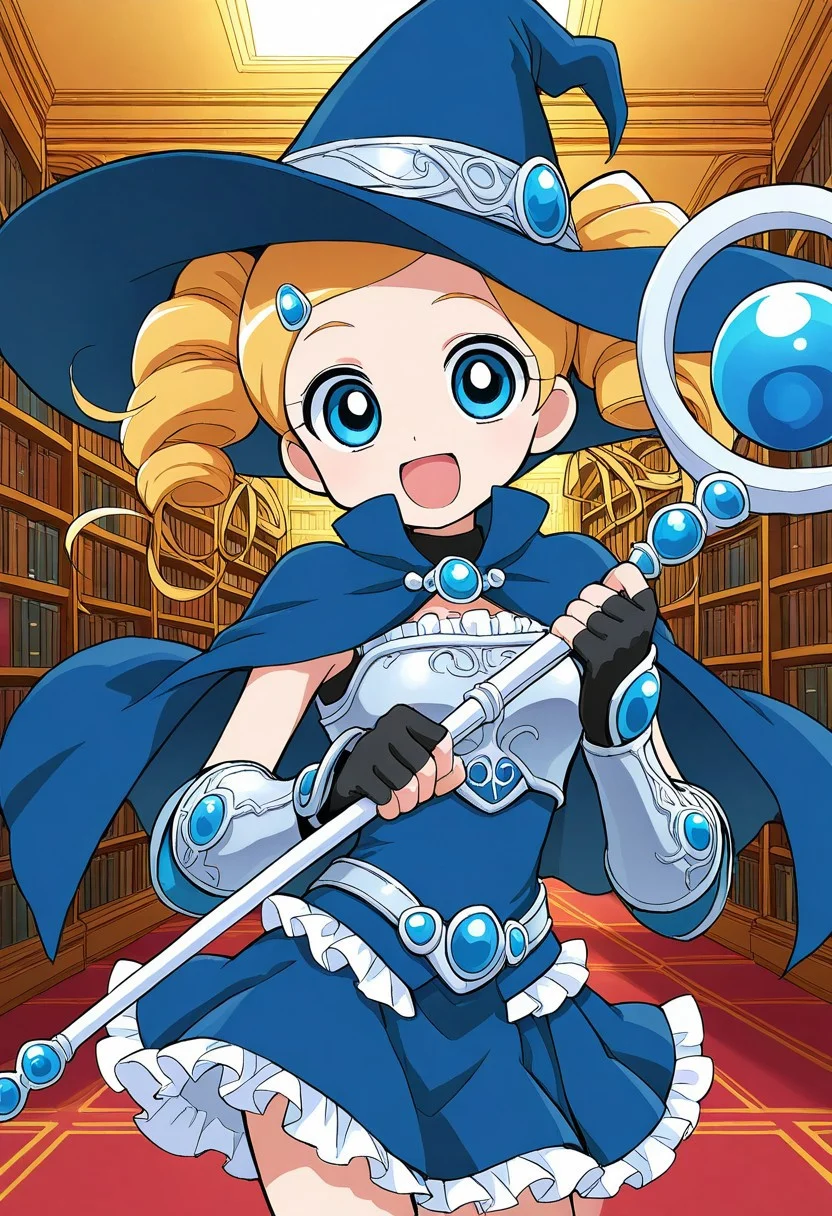 1girl, solo, ppgzmiyako, witch hat, frills, witch, holding staff, looking at viewer, excited, indoors, library, short skirt, armor,