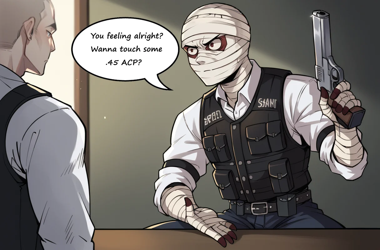 score_9, score_8_up, score_7_up, 1boy, solo, ss-J0shGrm, bandages, bandage headwrap, bandaged hands, burned face, bulletproof vest, white shirt, pants, belt, skinny, slim, handgun, holding,
<lora:Joshua_Graham_OutfitCharacter_-_Fallout_New_Vegas:0.7>, <lora:You_feeling_alright_Wanna_touch_boobs_Meme_-_PonyXL:1.1> t0uchb00bs,presenting breasts, solo focus, male focus, sitting at table, looking at another,