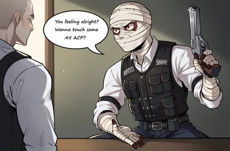 score_9, score_8_up, score_7_up, 1boy, solo, ss-J0shGrm, bandages, bandage headwrap, bandaged hands, burned face, bulletproof vest, white shirt, pants, belt, skinny, slim, handgun, holding,
<lora:Joshua_Graham_OutfitCharacter_-_Fallout_New_Vegas:0.7>, <lora:You_feeling_alright_Wanna_touch_boobs_Meme_-_PonyXL:1.1> t0uchb00bs,presenting breasts, solo focus, male focus, sitting at table, looking at another,