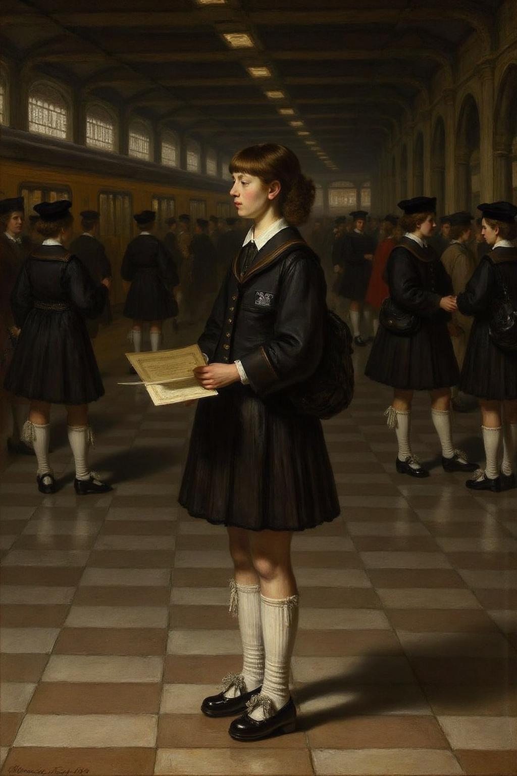 rembr2 oil painting 
Profile of a high school student in uniform, white socks and black shoes, standing in the middle of a train station, holding two acceptance letters--one for a local college and the other for an overseas university. The station is bustling with people moving in every direction, while she stands still, eyes closed, taking a deep breath as she tries to decide which future to follow  <lora:rembr_paint1_semicap_d6a3:1.0><lora:812153306362374630:0>