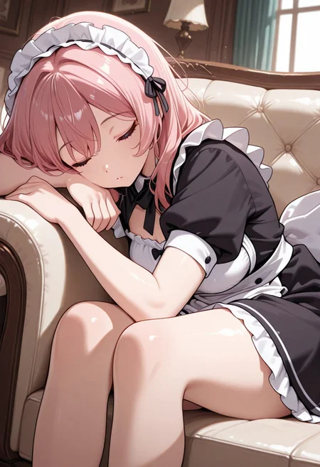 woman, CivChan, purple eyes, pink hair, maid outfit, sitting on a couch, right hand on the face, sleeping face, high quality, best quality, masterpiece, 4k resolution, anime