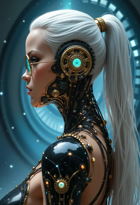 Tall stern cyborg woman with icy stern expression and full ponytail. Glossy shampooed hair, metallic silver hair, hoop glasses with no ear hooks, glowing biomechanical eyes, unusual iris, out of focus background like large circular supercomputer , cyb3rwar3, 3/4ths angle, exposed beautiful body made from mechanical and cybernetic components beneath the skin, long ponytail, ear removed for maintenance revealing the gears on the inside of head ,cyberpunk, bust portrait from the waist up, backless dress, soft chin and long neck, organic gear toothed rails and long swooping brass lines that run along contours of body, enamel black underlayer like space with nebulae, steampunk brass