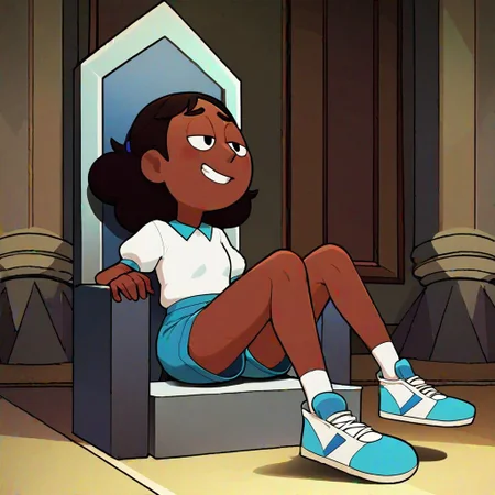 score_9, score_8_up, score_7_up, score_6_up, score_5_up, score_4_up, BREAK, source_anime, connie_maheswaran, indoors, full body, sitting, throne, smug, throne, grin, white shirt, blue shorts, blue tennis shoes, small breasts