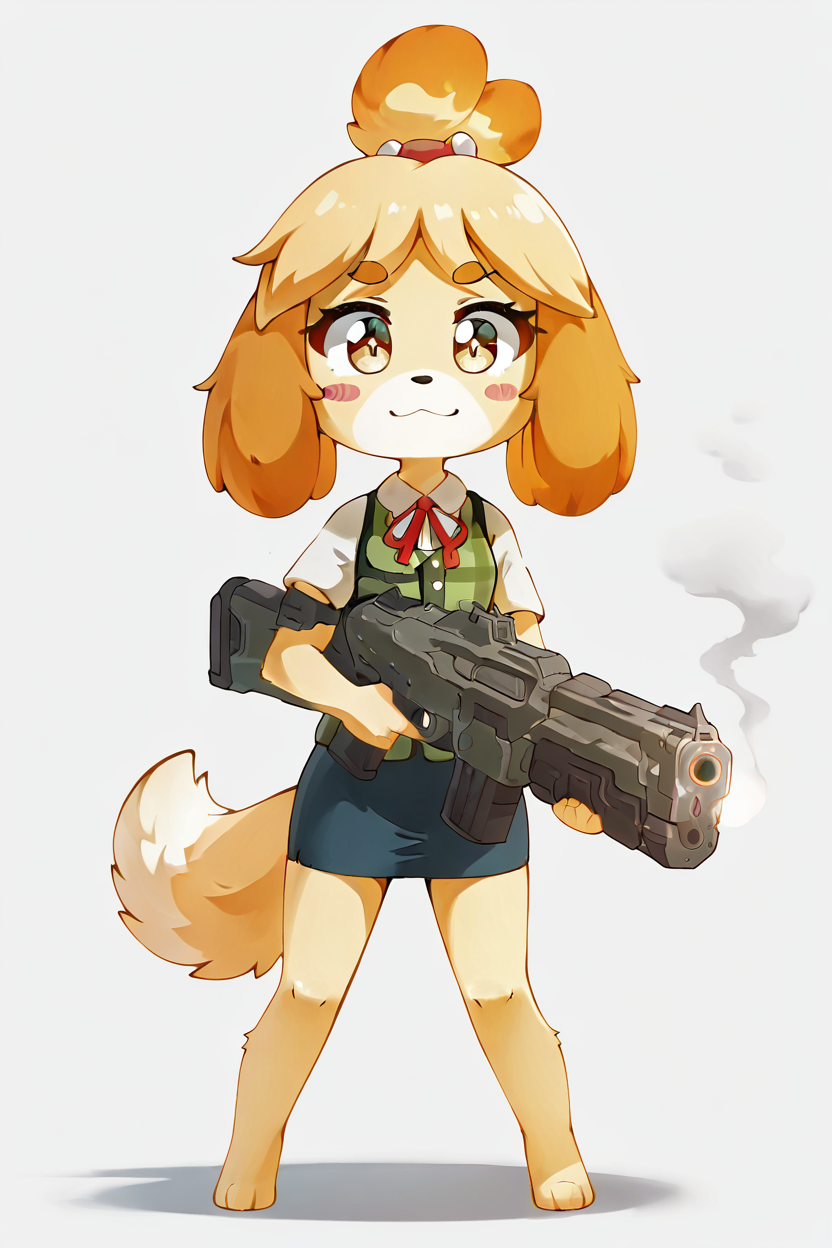 masterpiece, best quality, eyelashes, (beautiful eyes),  solo,   zzIsabelleDoom, brown eyes, topknot, dog ears, (BFG:1.2), gun focus, :3, barefoot, blue skirt, blush stickers, brown eyes, dog tail, full body, green vest, gun, hair bobbles, hair tie, holding, holding gun, holding weapon, jestami, neck ribbon, nintendo, plaid clothes, plaid vest, red ribbon, ribbon, simple background, skirt, smoke, standing, tail, vest, weapon, white background, chibi, big gun, blooming stars, luminescent petals, otherworldly fragrance blurry background,  <lora:IsabelleDoomSlayerIXL:1.0>,