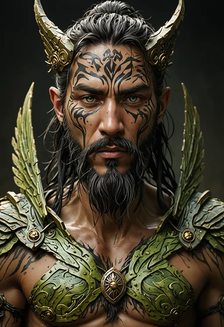 big long brushstrokes of deep black sumi-e turning into symbolic painting of In the Temporal Rift crossing the Streams of Eternity, bilaterally symmetrical shot, Native American middle-aged Wolfman boy is magnificent, his undercut is chestnut, his monolid light green eyes are diminutive, drooping lips, delicate heart face, wine skin, curvy is elongated toes, cry, (boxed beard:1.3), his is wearing astral arbiter sentinel armor with ethereal wings, celestial shield, he is seeking wisdom from an oracle . 3D, sculptural, textured, handmade, vibrant, fun
